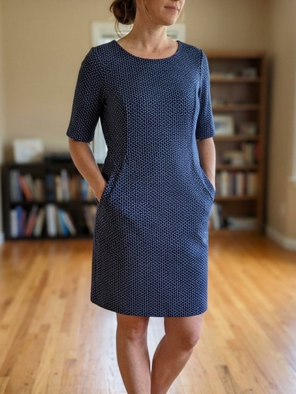 Lands' End Womens Navy Elbow Sleeve Ponte Knit Lattice Sheath Dress sz 16